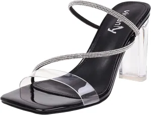 vivianly Womens Square Toe Clear Rhinestone Strappy Heeled Sandals Transparent Block High Heels Slides Slipper Wedding Dress
