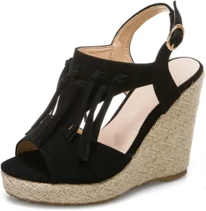 VOKLIN Women's Fringed Espadrilles Wedge Sandals Open Toe Slingback Platform High Heel Tassels Dress Sandal