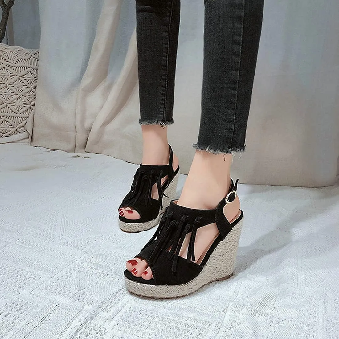 VOKLIN Women's Fringed Espadrilles Wedge Sandals Open Toe Slingback Platform High Heel Tassels Dress Sandal