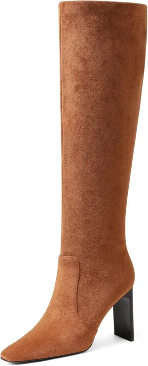VOMIRA Knee High Boots Women Chunky Heel Square Toe Black Boots for Women High Heel Side Zipper Dress Long Boots Stretch Leather Tall Boots