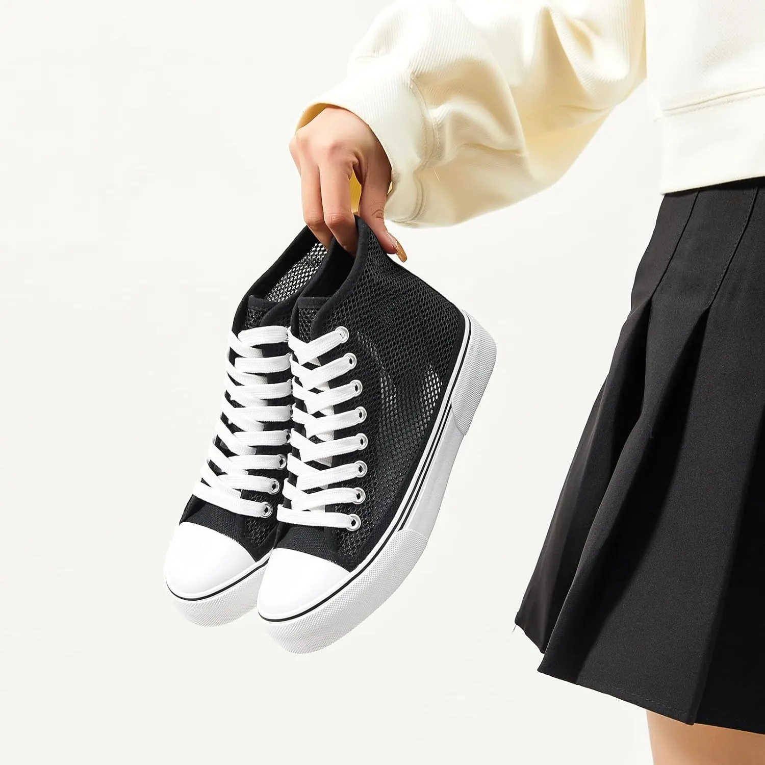 Waluzs High Top Sneakers for Women High Tops White Tennis Shoes Women's Summer Mesh Shoes Fashion Canvas Sneakers