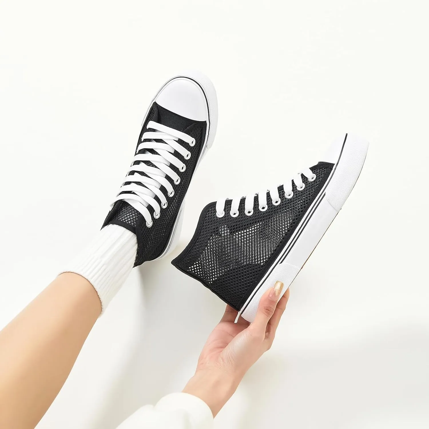 Waluzs High Top Sneakers for Women High Tops White Tennis Shoes Women's Summer Mesh Shoes Fashion Canvas Sneakers