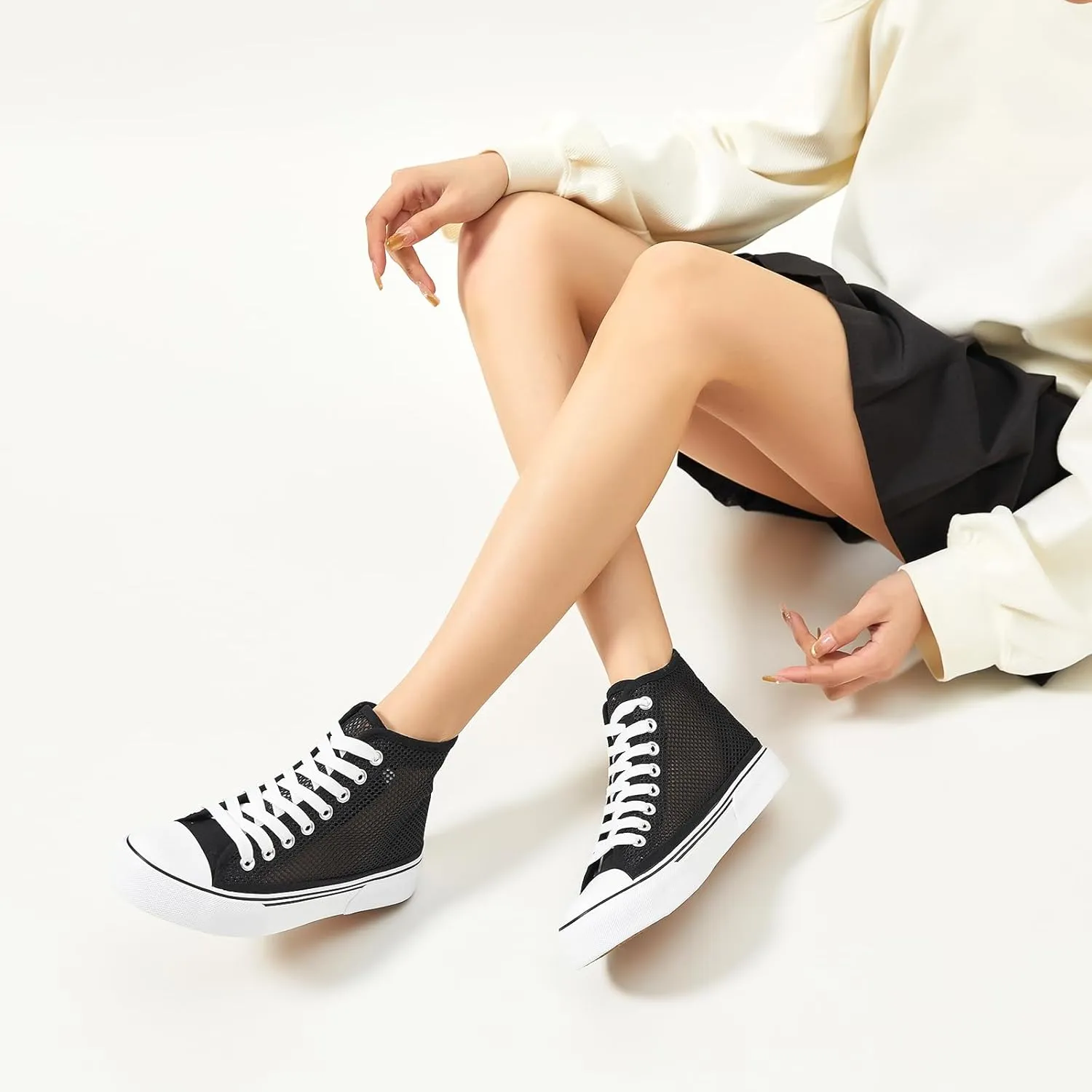 Waluzs High Top Sneakers for Women High Tops White Tennis Shoes Women's Summer Mesh Shoes Fashion Canvas Sneakers