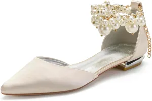 Wedding Bridal Shoes Beaded Ankle Strap Low Heels Women's Pumps Pointed Toe Closed Toe Sandal 2CM High Heels Satin Flats Elegant Formal