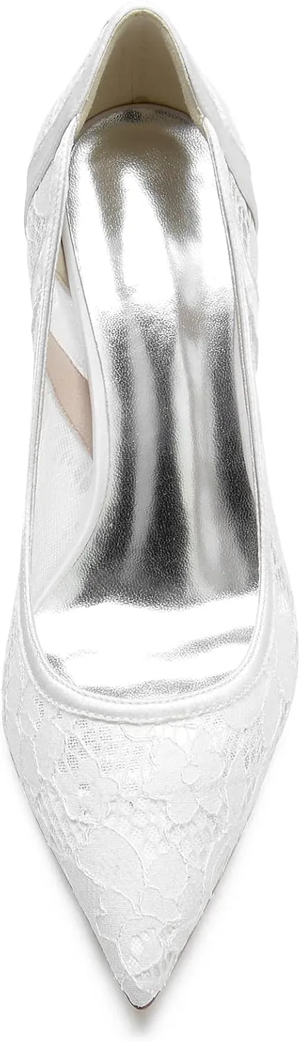 Wedding Dress Shoes for Women Pointed Toe Wedding Shoes Stiletto Heels Satin Bridal Shoes with Embroidery Lace Flower Closed Toe Sandals Ankle Strap Pumps