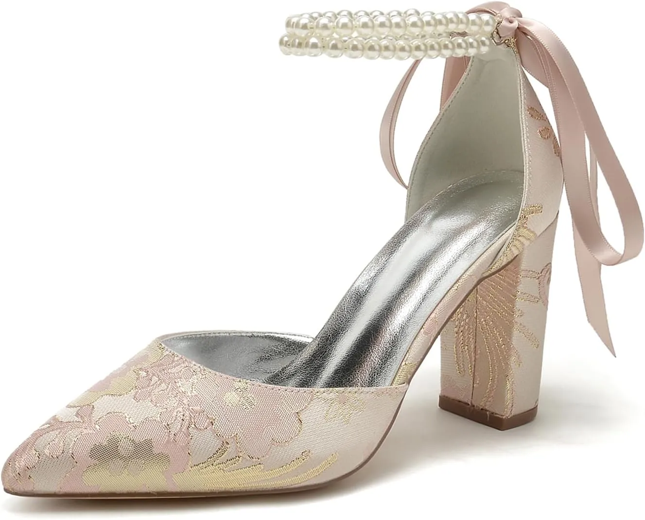 Wedding Shoes for Bride Closed Toe Block Heel Womens High Heels Pointed Toe Pumps Bridal Shoes Bowknot Strap Pearl Sandals Floral Satin Evening