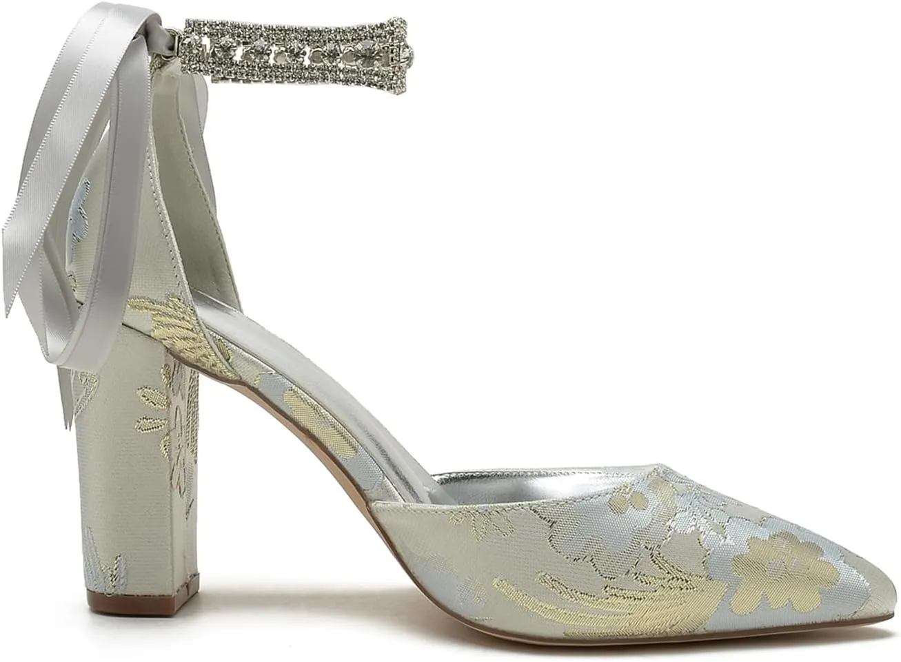 Wedding Shoes for Bride Closed Toe Block Heel Womens High Heels Pointed Toe Pumps Bridal Shoes Bowknot Strap Pearl Sandals Floral Satin Evening