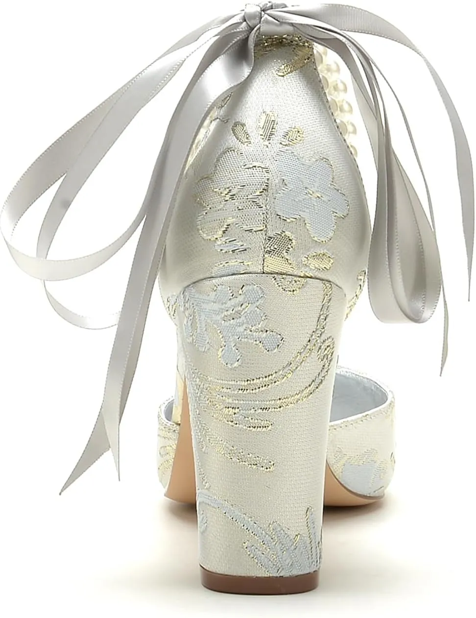 Wedding Shoes for Bride Closed Toe Block Heel Womens High Heels Pointed Toe Pumps Bridal Shoes Bowknot Strap Pearl Sandals Floral Satin Evening