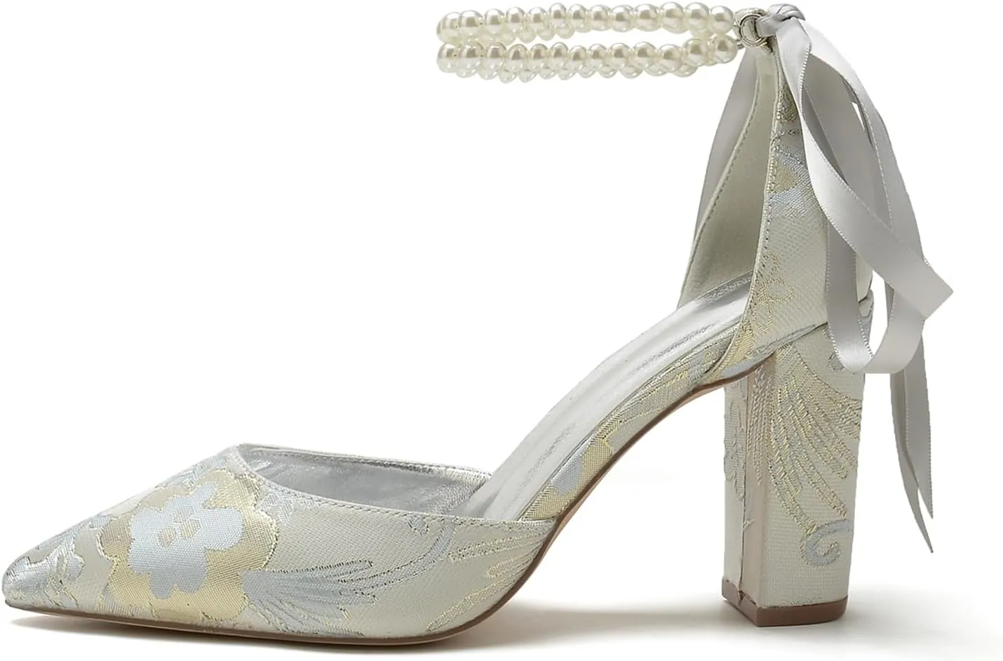 Wedding Shoes for Bride Closed Toe Block Heel Womens High Heels Pointed Toe Pumps Bridal Shoes Bowknot Strap Pearl Sandals Floral Satin Evening