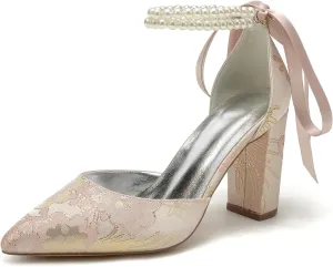 Wedding Shoes for Bride Closed Toe Block Heel Womens High Heels Pointed Toe Pumps Bridal Shoes Bowknot Strap Pearl Sandals Floral Satin Evening