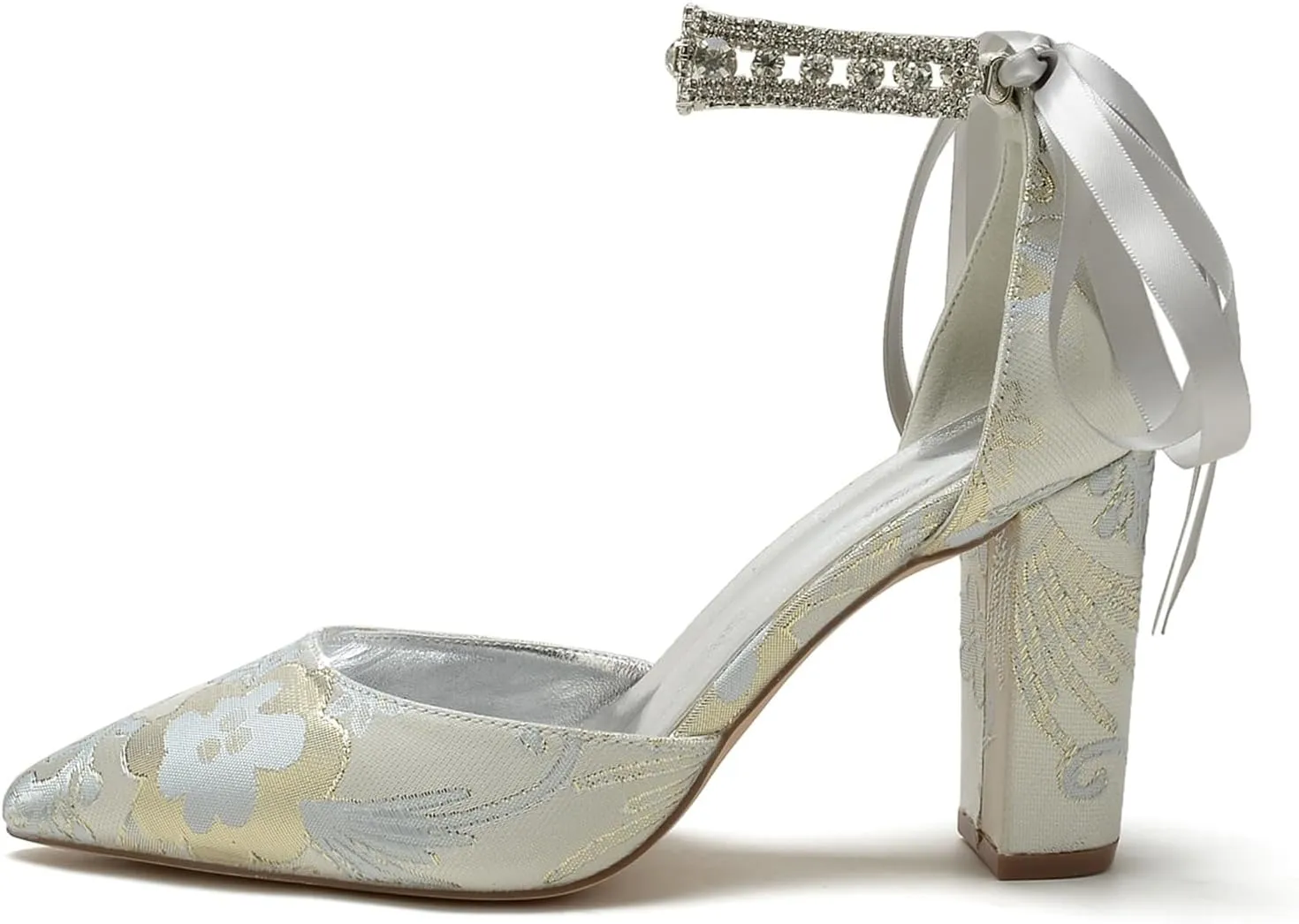 Wedding Shoes for Bride Closed Toe Block Heel Womens High Heels Pointed Toe Pumps Bridal Shoes Bowknot Strap Pearl Sandals Floral Satin Evening