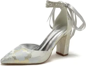 Wedding Shoes for Bride Closed Toe Block Heel Womens High Heels Pointed Toe Pumps Bridal Shoes Bowknot Strap Pearl Sandals Floral Satin Evening