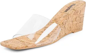 Wedge Sandals for Women Open Toe Wedge Heels Womens High Heel Sandal Square Toe Heeled Wedge Sandals Wood Grain Slip on Wedge Mules
