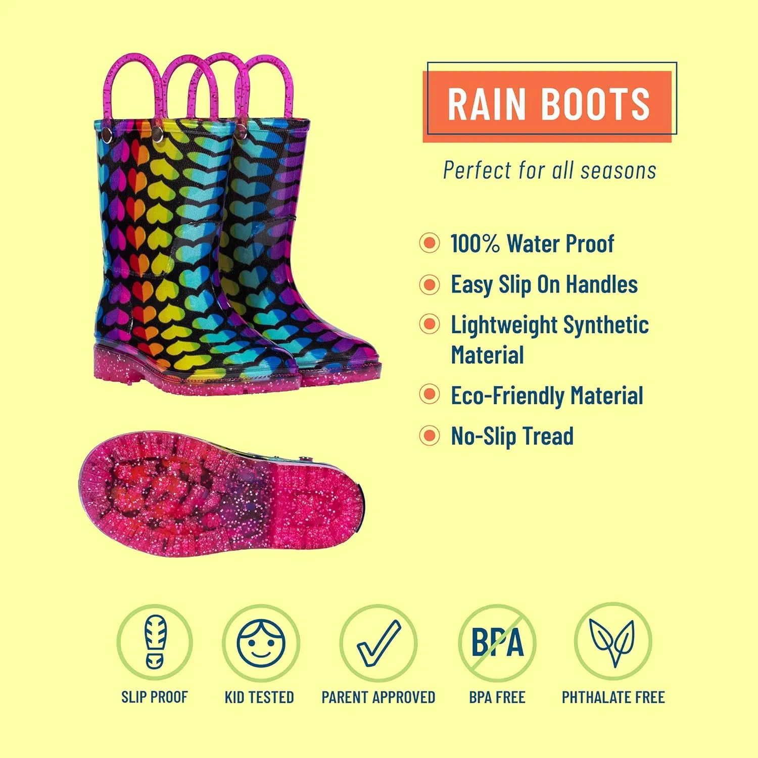 Wildkin Kids Rain Boots – 100% Waterproof with Slip-Resistant Tread & Easy Pull Handles