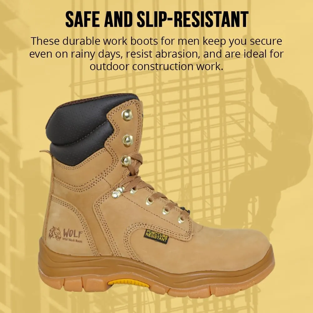 WOLF Work Boot | 100% Genuine Upper Leather | Oil, Heat, Chemical, Impact, Compression & Puncture Resistant | Electrical Hazards | Non-Slip Rubber Sole | Steel Toe | Padded Collar | Construction | Industrial PPE