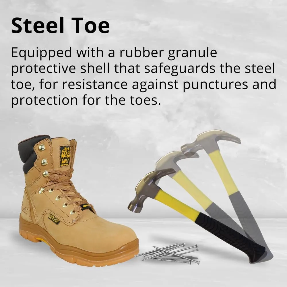 WOLF Work Boot | 100% Genuine Upper Leather | Oil, Heat, Chemical, Impact, Compression & Puncture Resistant | Electrical Hazards | Non-Slip Rubber Sole | Steel Toe | Padded Collar | Construction | Industrial PPE