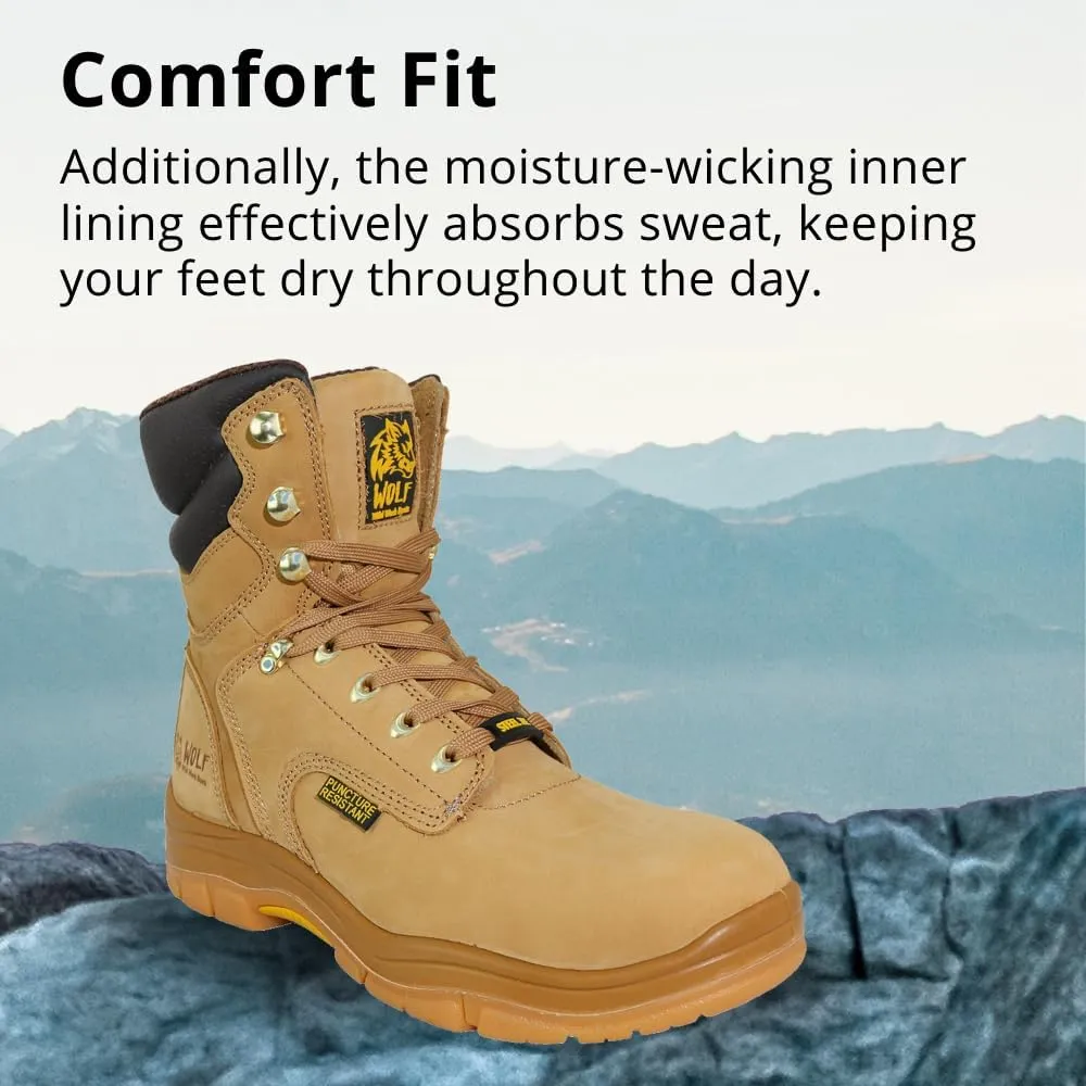 WOLF Work Boot | 100% Genuine Upper Leather | Oil, Heat, Chemical, Impact, Compression & Puncture Resistant | Electrical Hazards | Non-Slip Rubber Sole | Steel Toe | Padded Collar | Construction | Industrial PPE