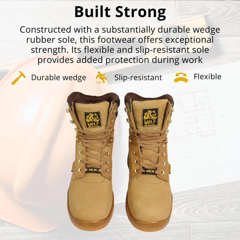 WOLF Work Boot | 100% Genuine Upper Leather | Oil, Heat, Chemical, Impact, Compression & Puncture Resistant | Electrical Hazards | Non-Slip Rubber Sole | Steel Toe | Padded Collar | Construction | Industrial PPE