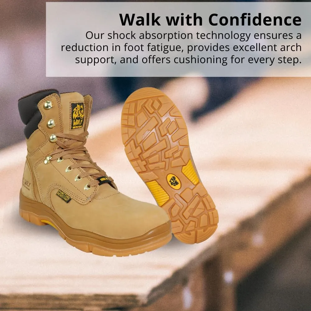 WOLF Work Boot | 100% Genuine Upper Leather | Oil, Heat, Chemical, Impact, Compression & Puncture Resistant | Electrical Hazards | Non-Slip Rubber Sole | Steel Toe | Padded Collar | Construction | Industrial PPE