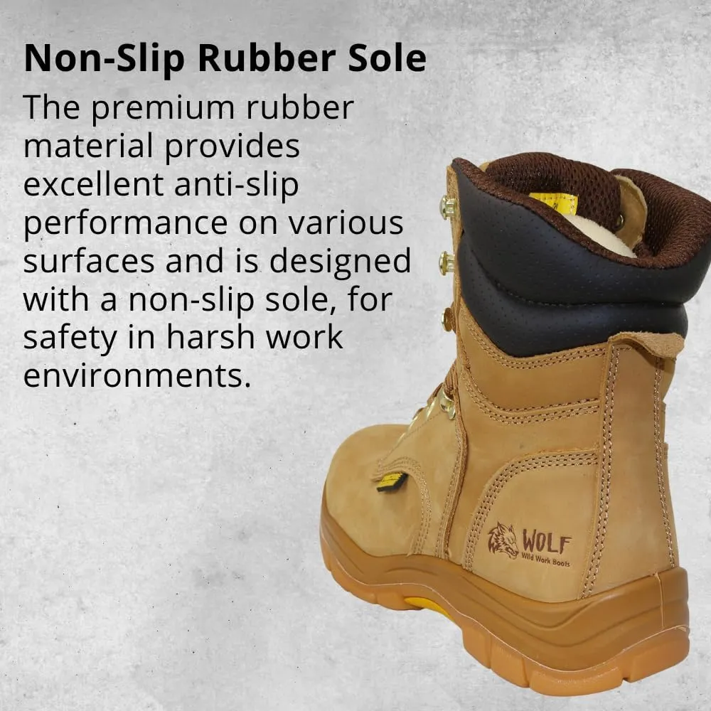 WOLF Work Boot | 100% Genuine Upper Leather | Oil, Heat, Chemical, Impact, Compression & Puncture Resistant | Electrical Hazards | Non-Slip Rubber Sole | Steel Toe | Padded Collar | Construction | Industrial PPE