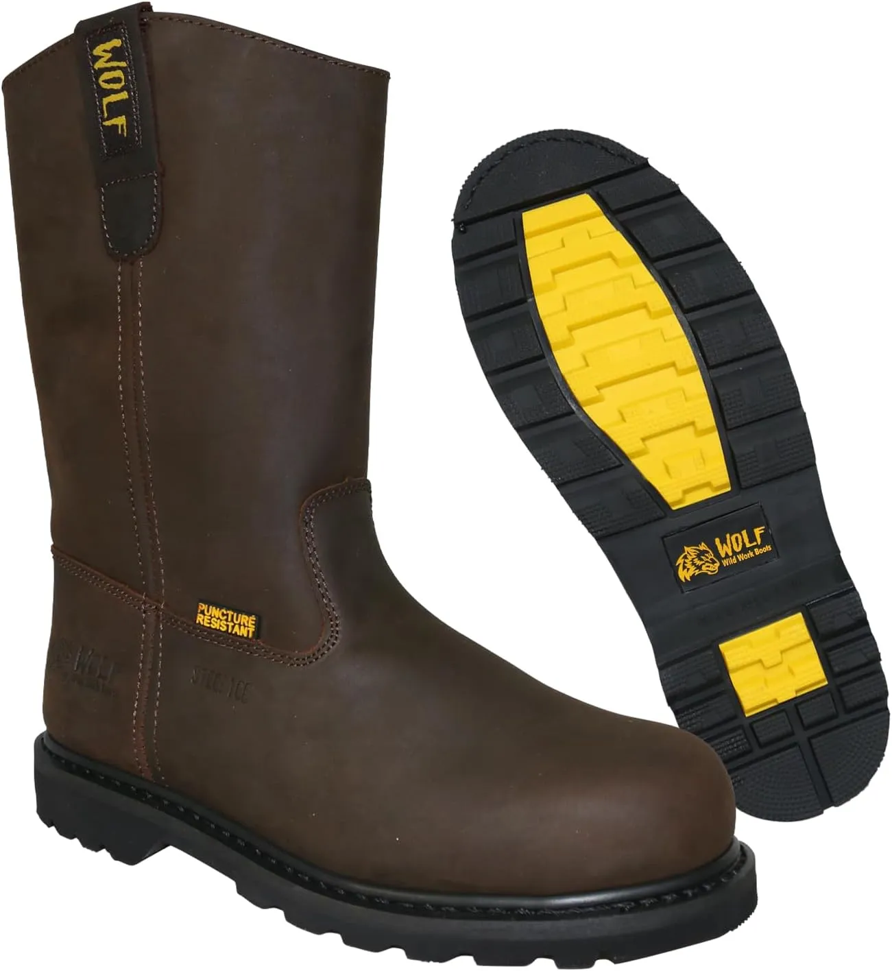 WOLF Work Boot | 100% Genuine Upper Leather | Oil, Heat, Chemical, Impact, Puncture Resistant | Electrical Hazards | Non-Slip Rubber Sole | Dual Pullers | Construction | Industrial PPE
