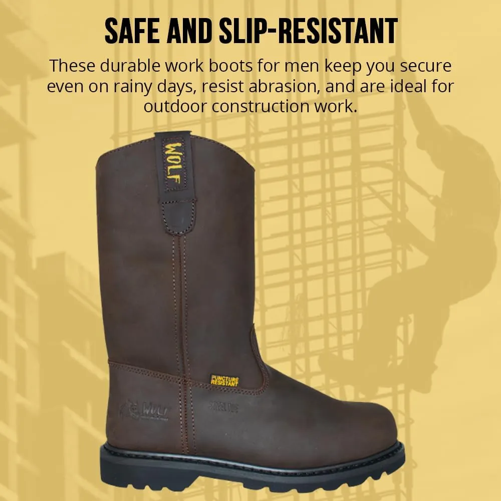 WOLF Work Boot | 100% Genuine Upper Leather | Oil, Heat, Chemical, Impact, Puncture Resistant | Electrical Hazards | Non-Slip Rubber Sole | Dual Pullers | Construction | Industrial PPE