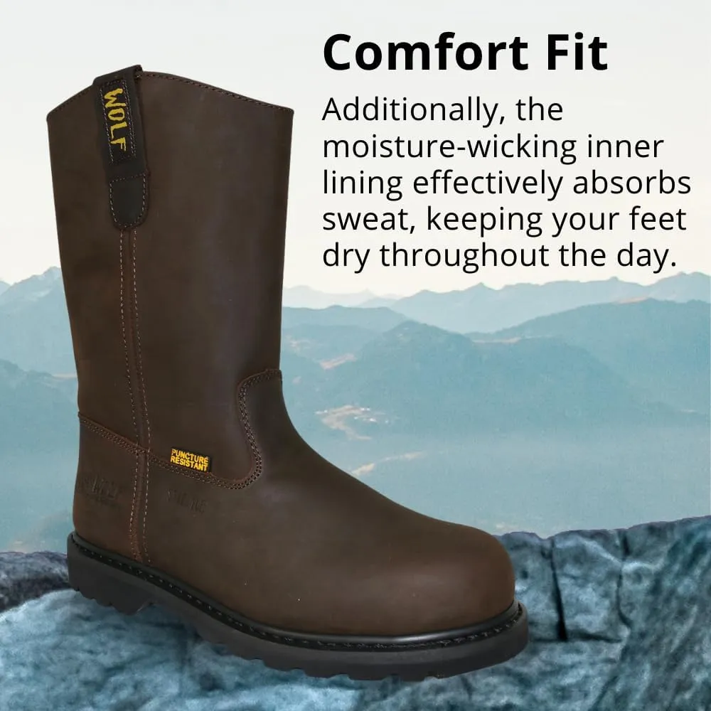 WOLF Work Boot | 100% Genuine Upper Leather | Oil, Heat, Chemical, Impact, Puncture Resistant | Electrical Hazards | Non-Slip Rubber Sole | Dual Pullers | Construction | Industrial PPE