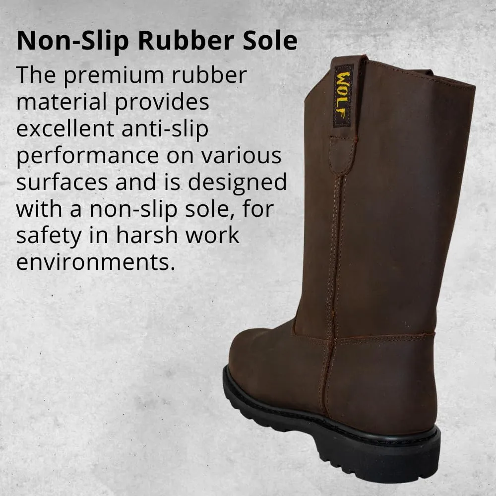 WOLF Work Boot | 100% Genuine Upper Leather | Oil, Heat, Chemical, Impact, Puncture Resistant | Electrical Hazards | Non-Slip Rubber Sole | Dual Pullers | Construction | Industrial PPE