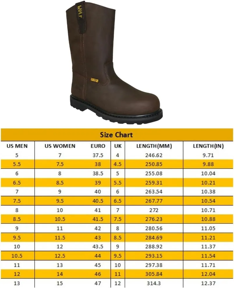 WOLF Work Boot | 100% Genuine Upper Leather | Oil, Heat, Chemical, Impact, Puncture Resistant | Electrical Hazards | Non-Slip Rubber Sole | Dual Pullers | Construction | Industrial PPE