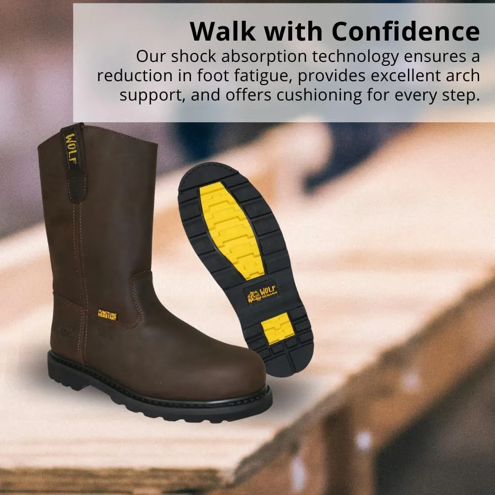 WOLF Work Boot | 100% Genuine Upper Leather | Oil, Heat, Chemical, Impact, Puncture Resistant | Electrical Hazards | Non-Slip Rubber Sole | Dual Pullers | Construction | Industrial PPE