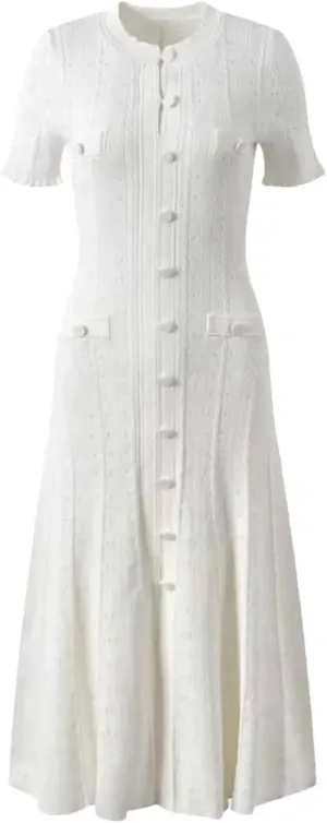 Women Elegant Slim Fit Knitted Dress Hollow Out Lace Sleeve Spring Summer Fashion Vacation Dating Long Skirt