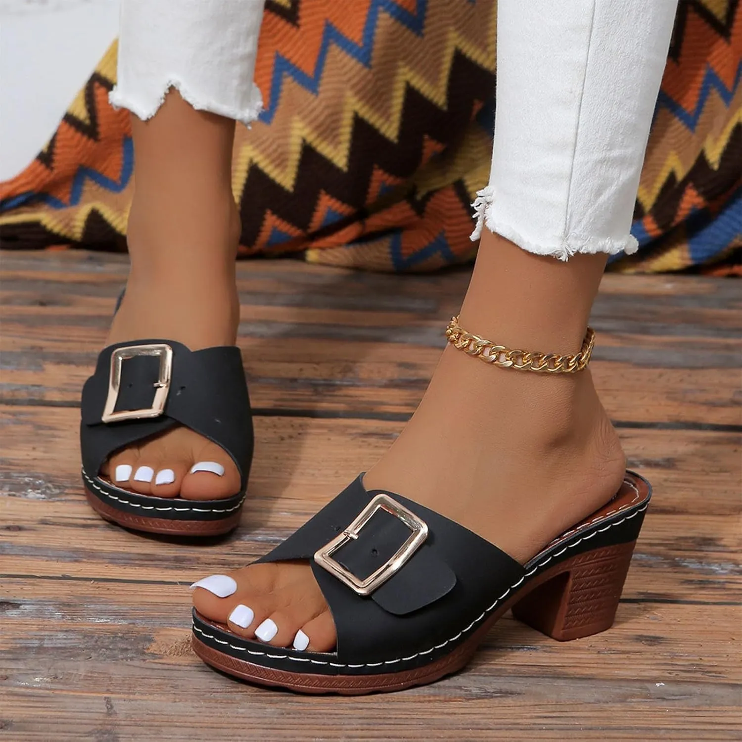 Women High Heel Slide Sandals Summer Dressy Chunky Heels Slippers Elegant Slip on with Buckle 2025 New