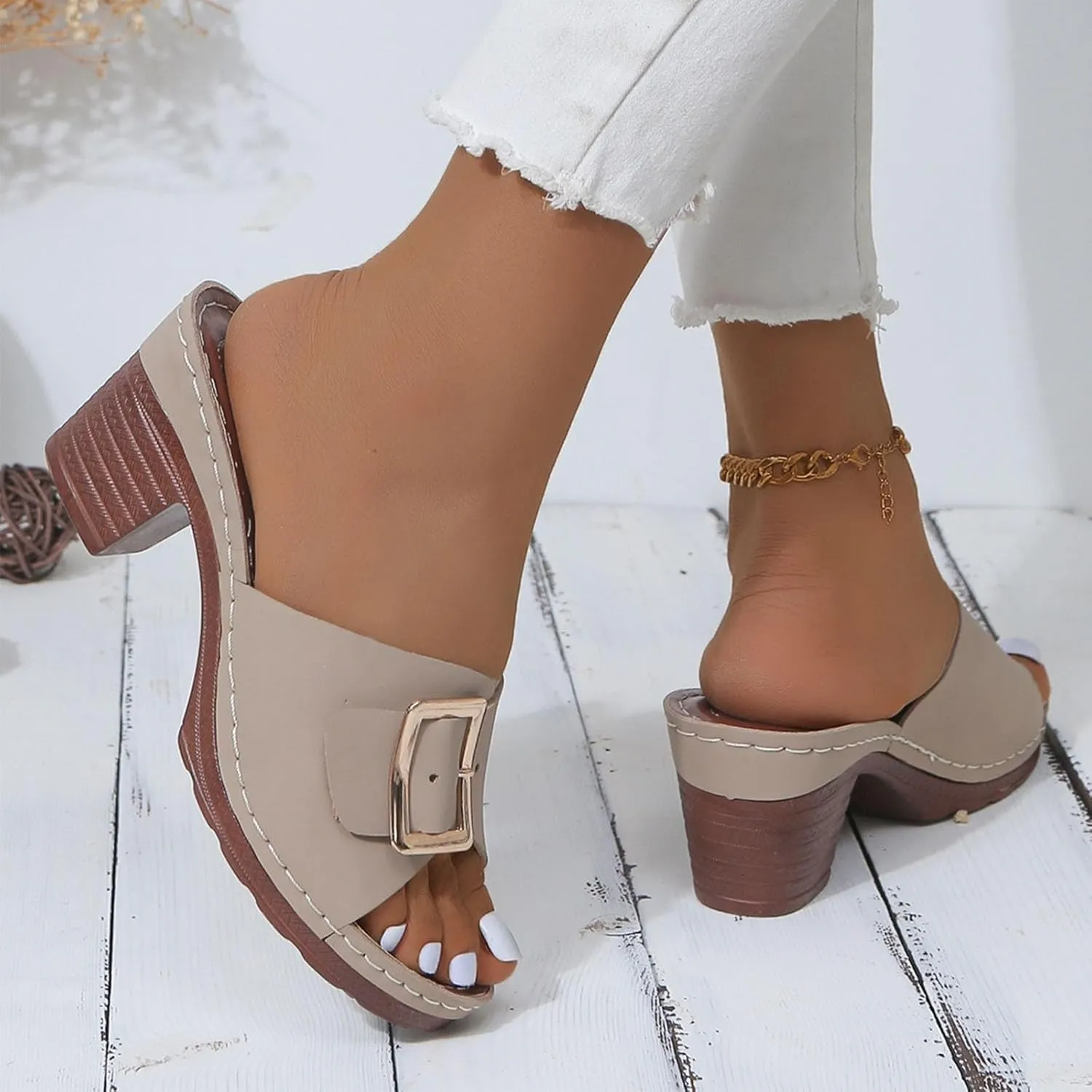 Women High Heel Slide Sandals Summer Dressy Chunky Heels Slippers Elegant Slip on with Buckle 2025 New