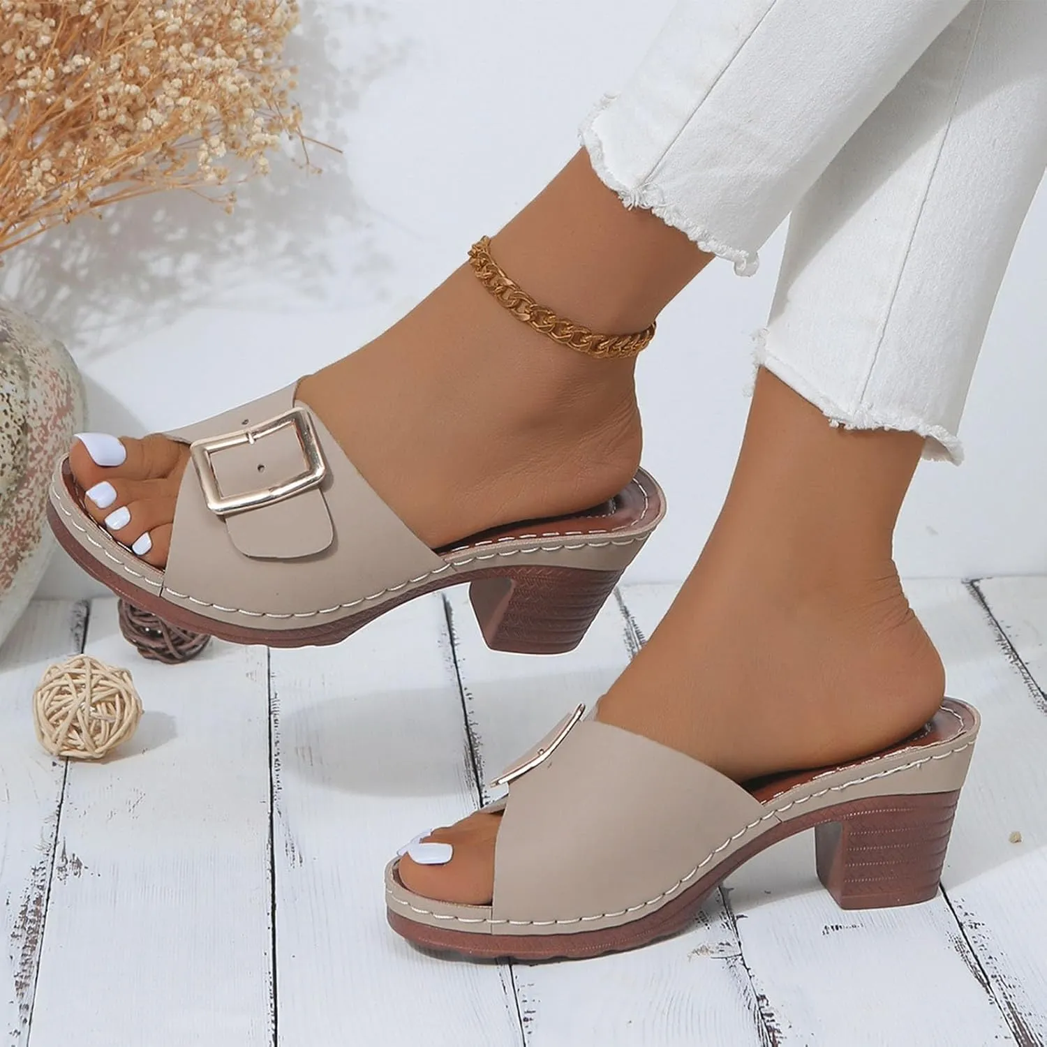 Women High Heel Slide Sandals Summer Dressy Chunky Heels Slippers Elegant Slip on with Buckle 2025 New