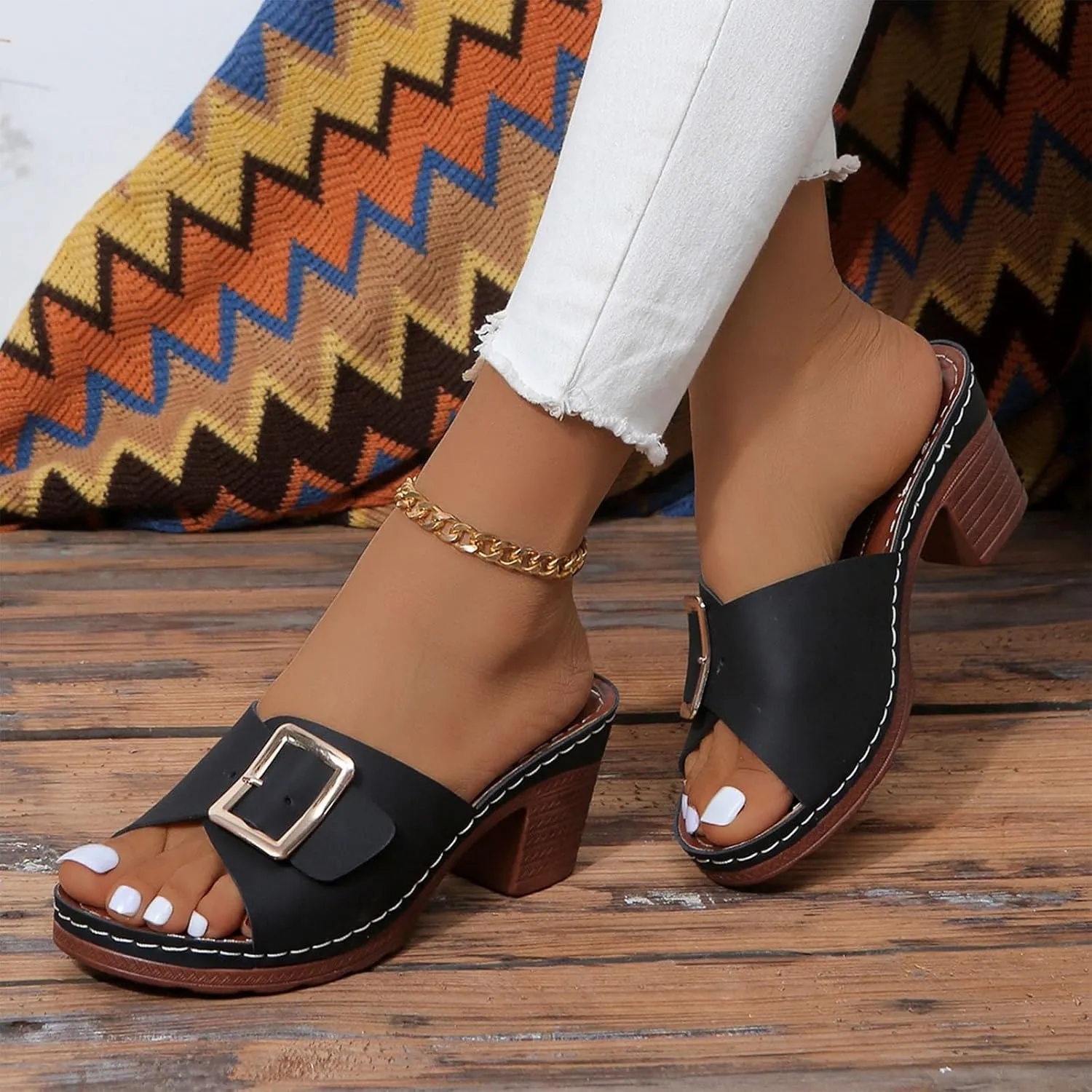 Women High Heel Slide Sandals Summer Dressy Chunky Heels Slippers Elegant Slip on with Buckle 2025 New