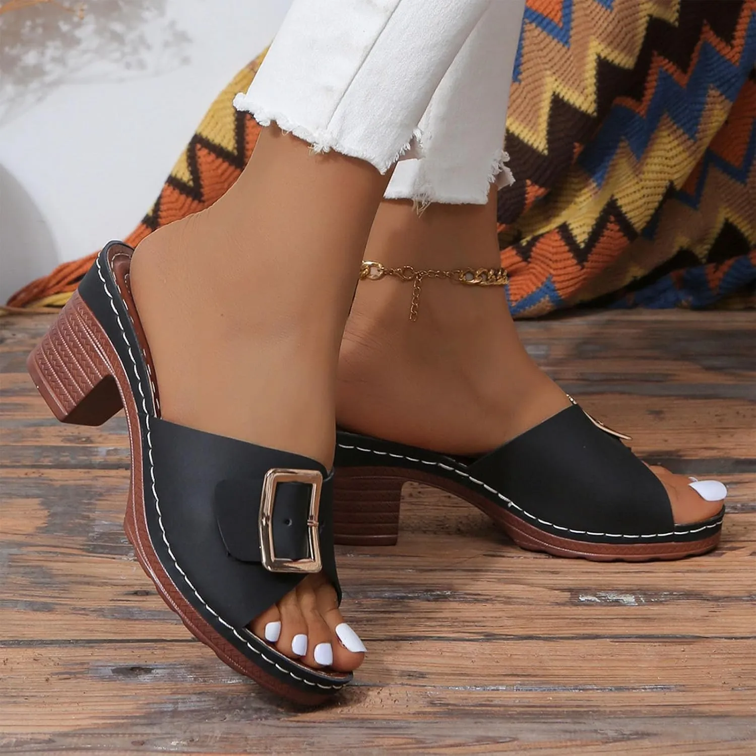 Women High Heel Slide Sandals Summer Dressy Chunky Heels Slippers Elegant Slip on with Buckle 2025 New