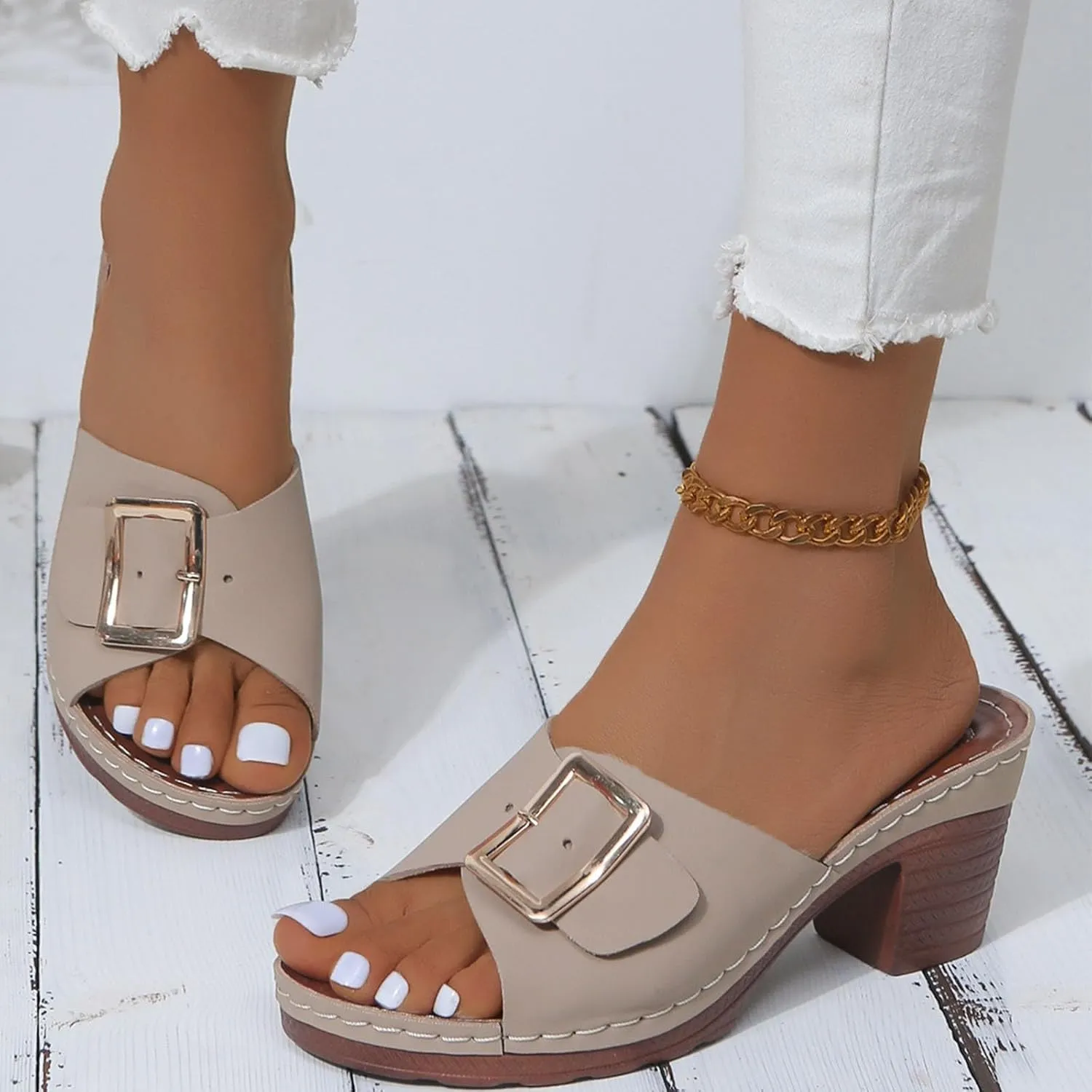 Women High Heel Slide Sandals Summer Dressy Chunky Heels Slippers Elegant Slip on with Buckle 2025 New