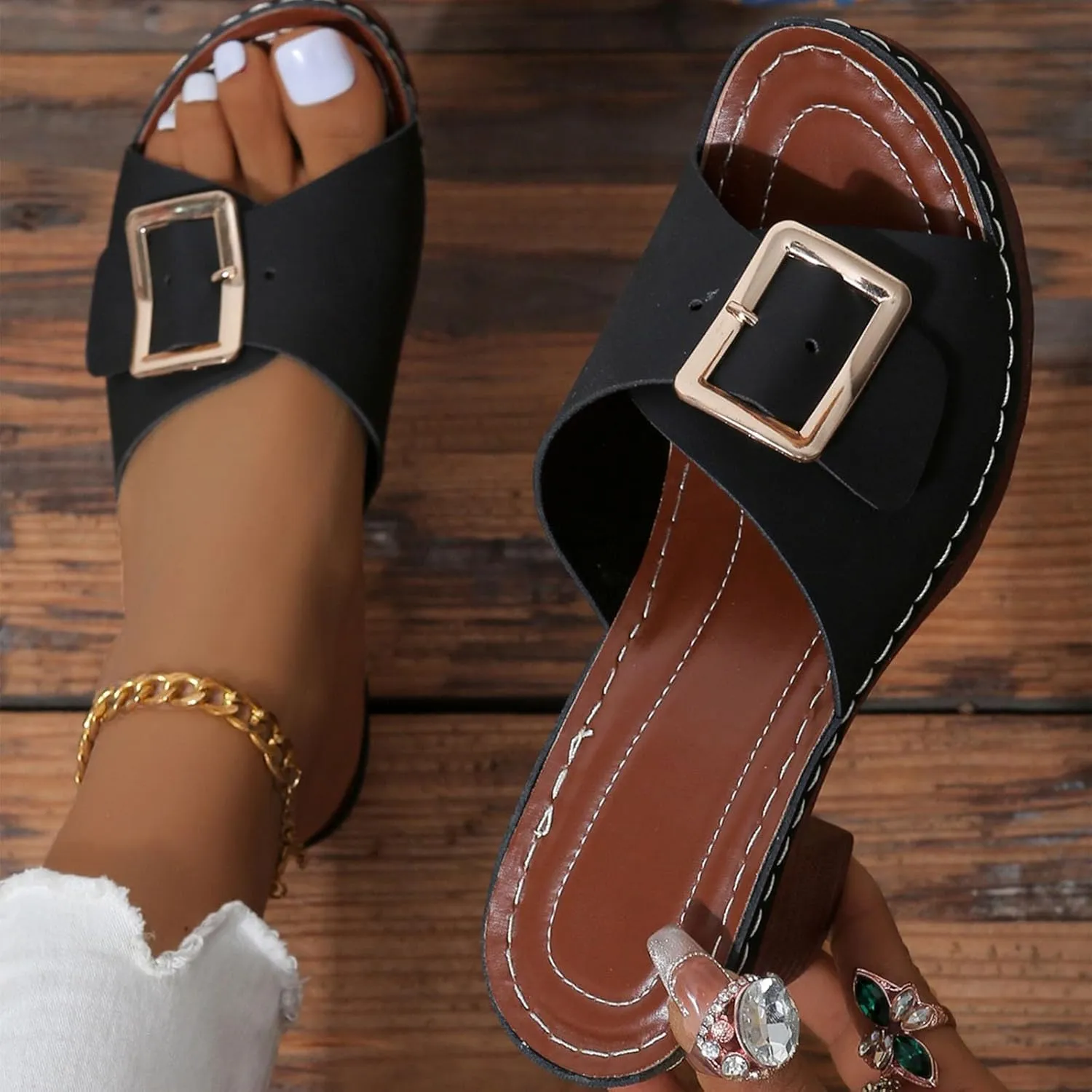 Women High Heel Slide Sandals Summer Dressy Chunky Heels Slippers Elegant Slip on with Buckle 2025 New
