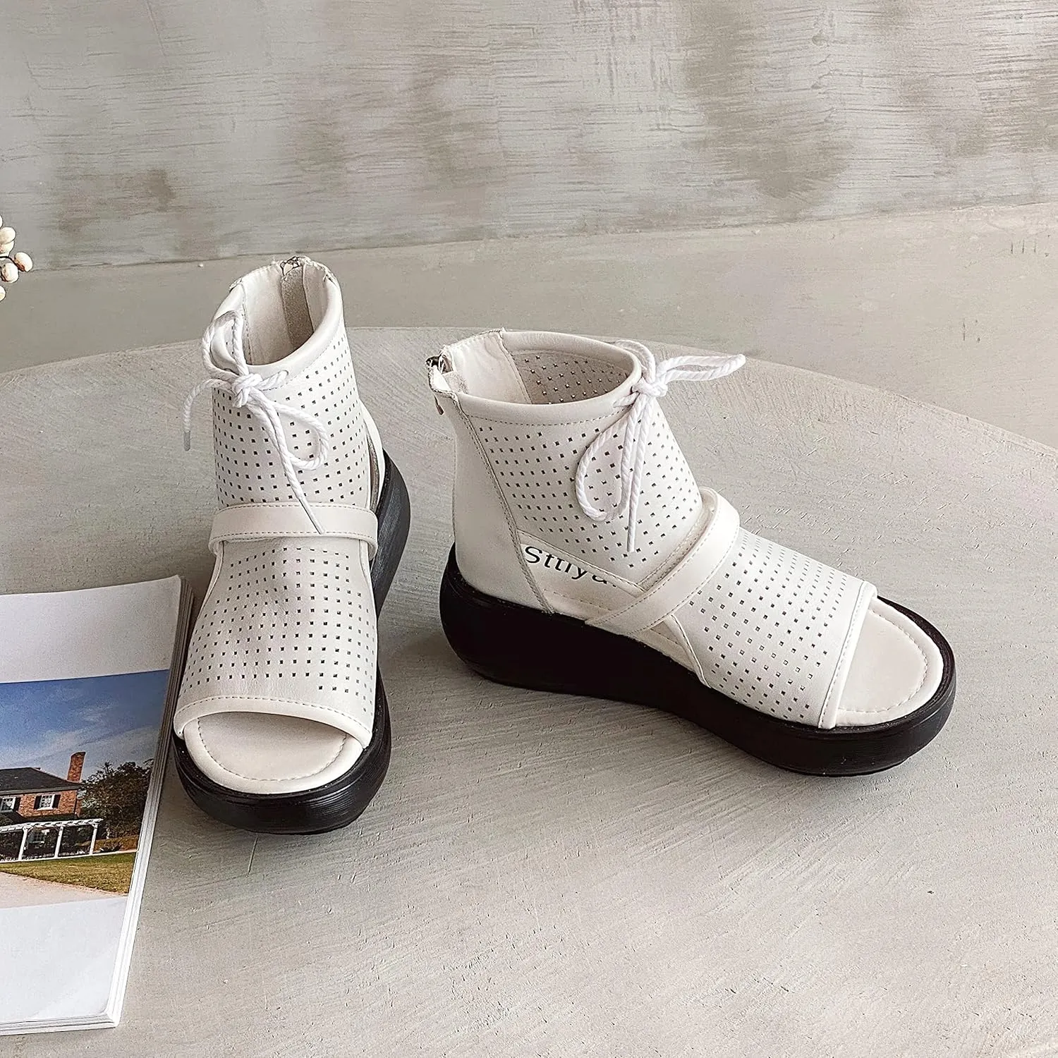 Women High Top Boot Sandals Open Toe Cutout Leather Sandals for Women