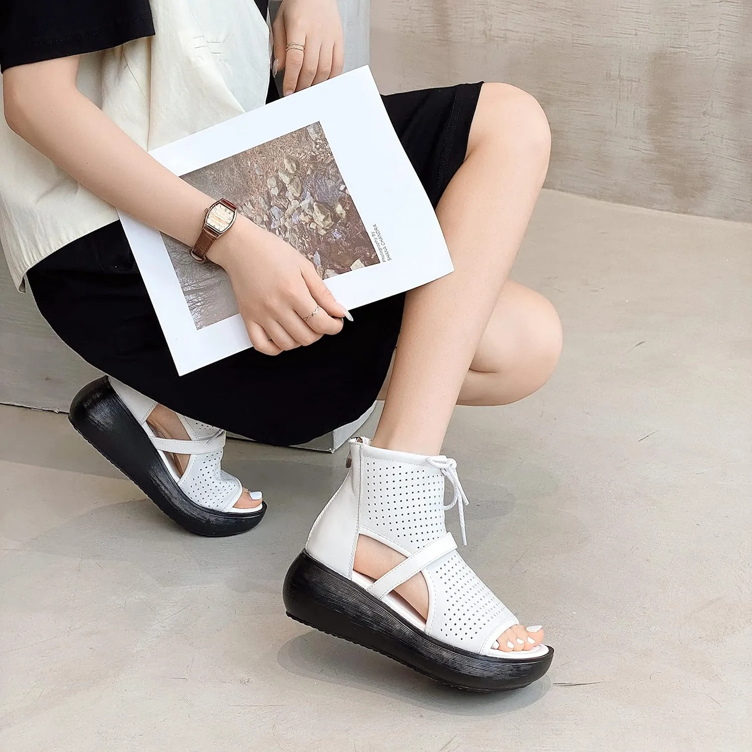 Women High Top Boot Sandals Open Toe Cutout Leather Sandals for Women