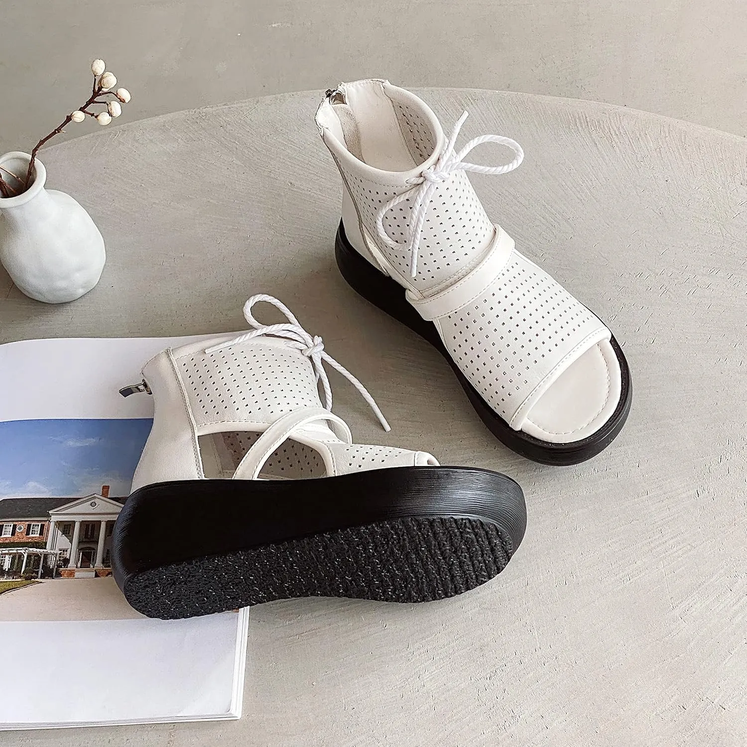 Women High Top Boot Sandals Open Toe Cutout Leather Sandals for Women