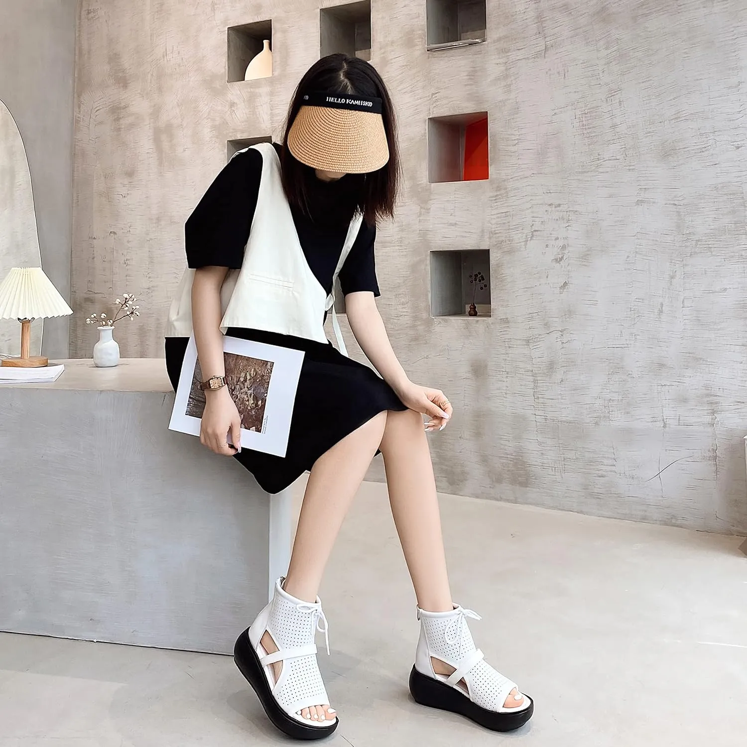 Women High Top Boot Sandals Open Toe Cutout Leather Sandals for Women