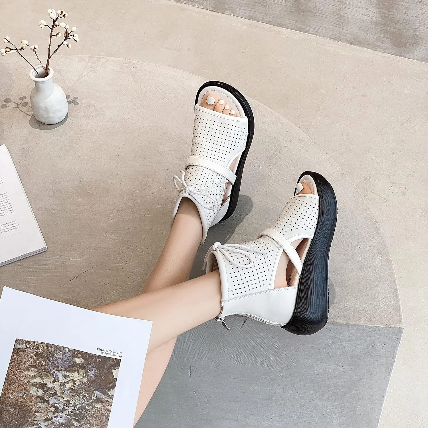 Women High Top Boot Sandals Open Toe Cutout Leather Sandals for Women