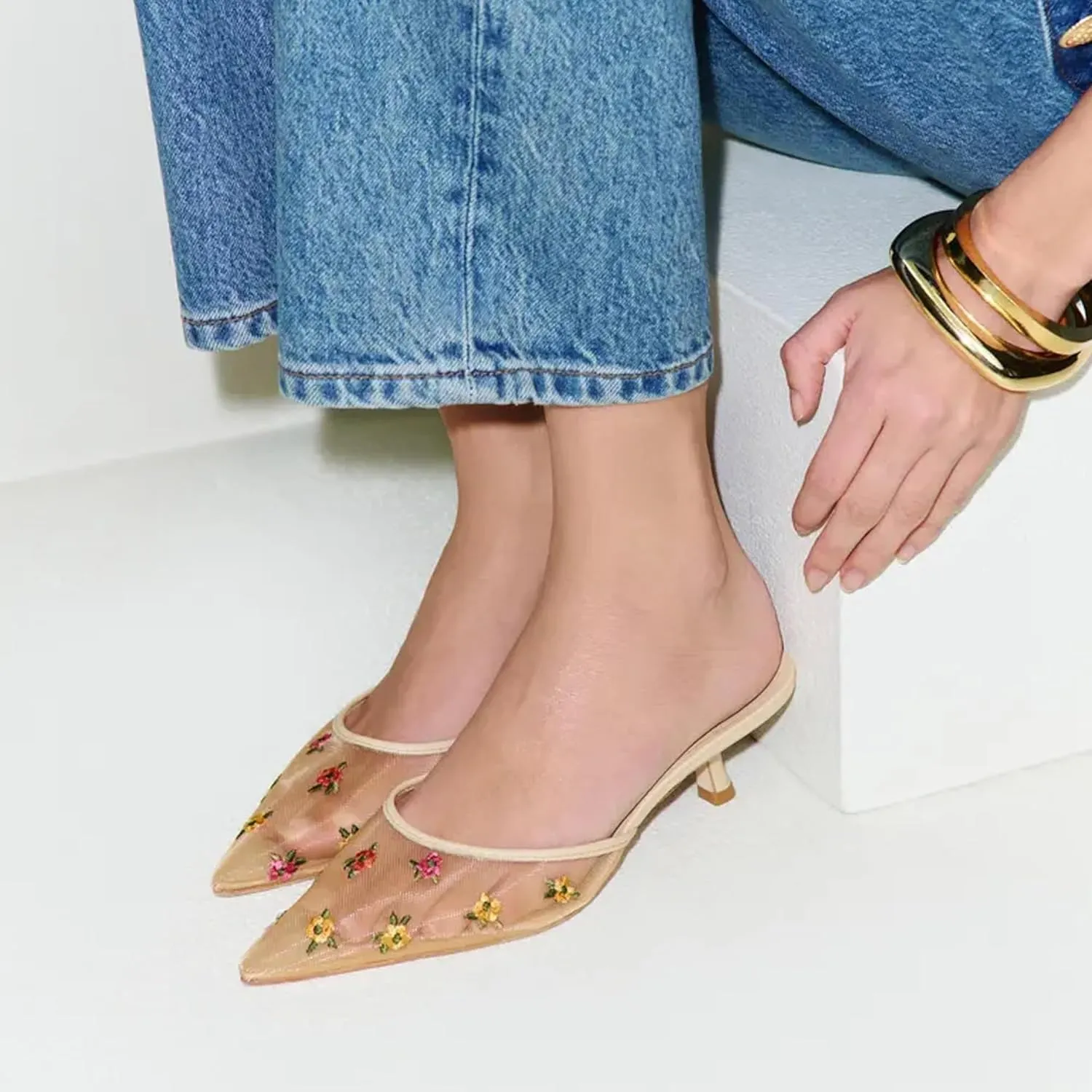Women Kitten Heels Mules Closed Pointed Toe Slip on Backless Stiletto Slingback Heels Wedding Dress Pumps Shoes