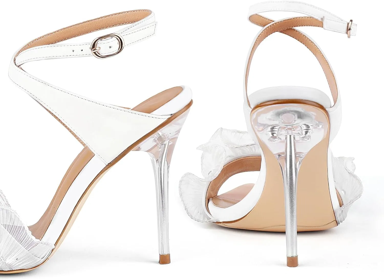Women Ruffles Pearl Heels Elegant Stiletto Bridal Sandals for Wedding Pointed Toe High Heel Dressy Cross Strap Strappy Party Evening Heels