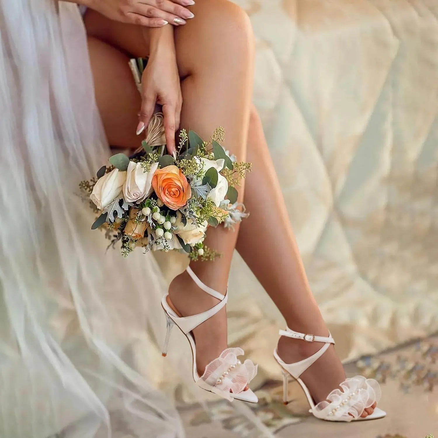 Women Ruffles Pearl Heels Elegant Stiletto Bridal Sandals for Wedding Pointed Toe High Heel Dressy Cross Strap Strappy Party Evening Heels