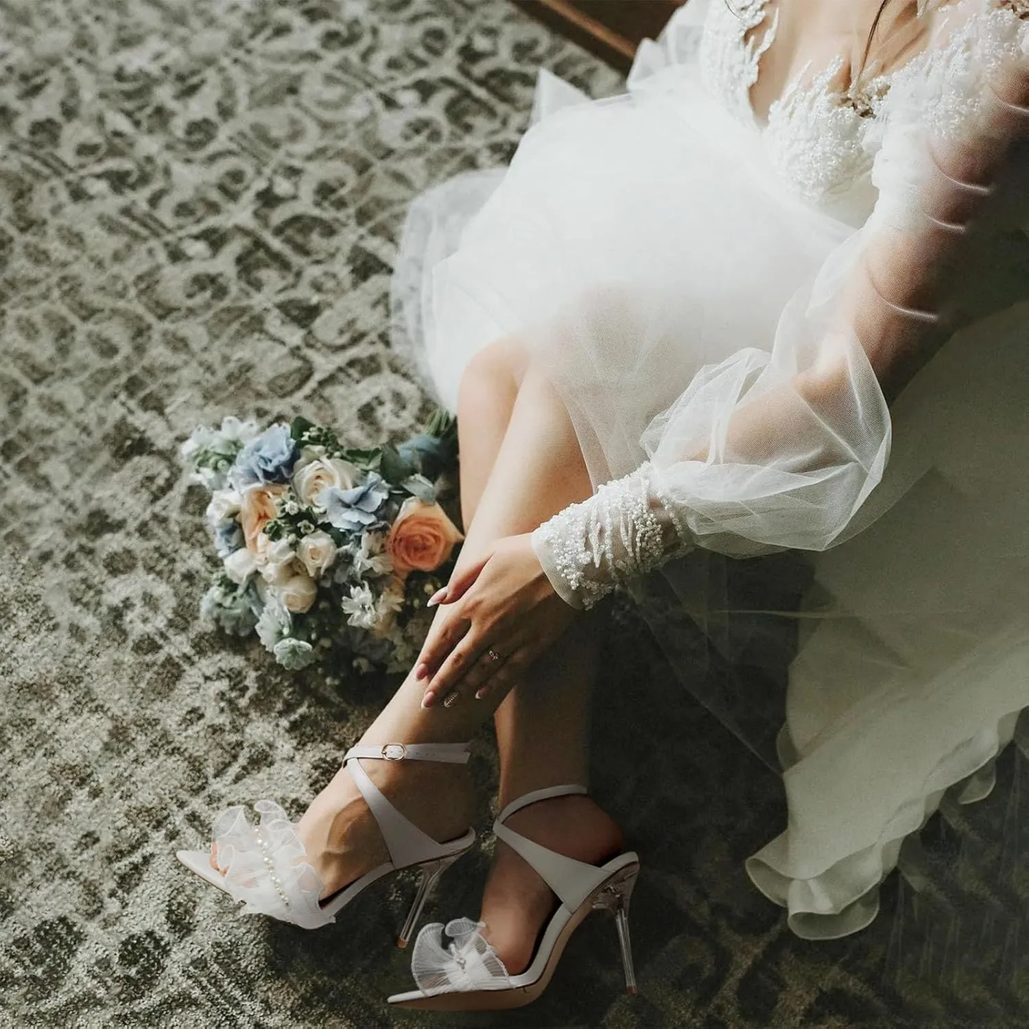 Women Ruffles Pearl Heels Elegant Stiletto Bridal Sandals for Wedding Pointed Toe High Heel Dressy Cross Strap Strappy Party Evening Heels