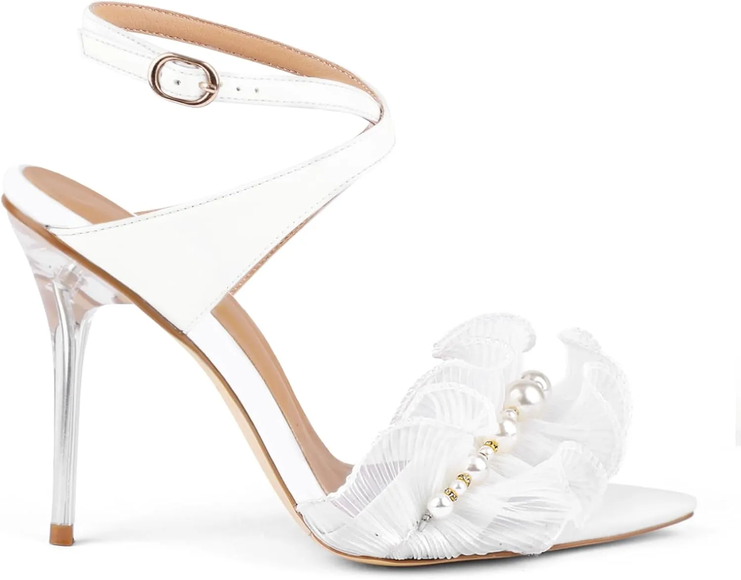 Women Ruffles Pearl Heels Elegant Stiletto Bridal Sandals for Wedding Pointed Toe High Heel Dressy Cross Strap Strappy Party Evening Heels
