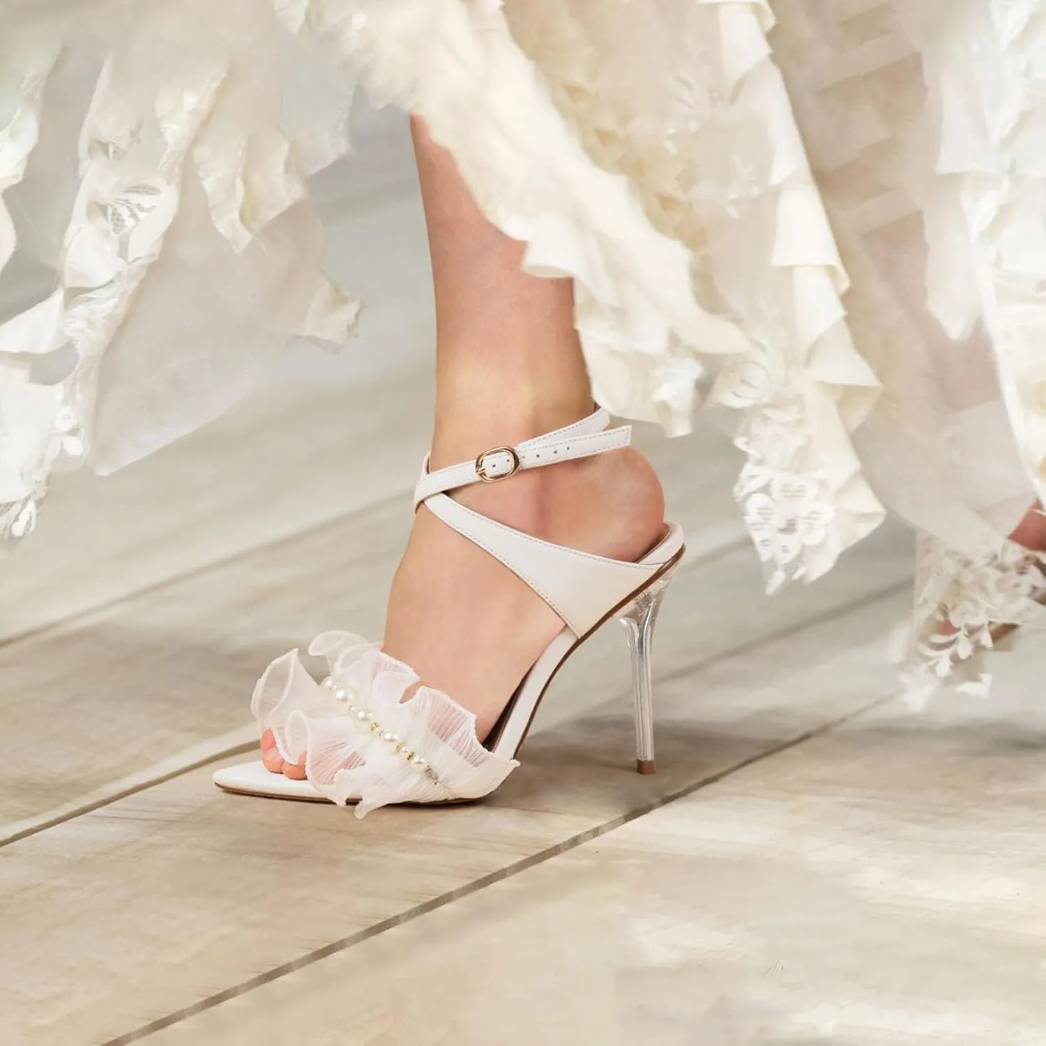 Women Ruffles Pearl Heels Elegant Stiletto Bridal Sandals for Wedding Pointed Toe High Heel Dressy Cross Strap Strappy Party Evening Heels