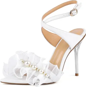 Women Ruffles Pearl Heels Elegant Stiletto Bridal Sandals for Wedding Pointed Toe High Heel Dressy Cross Strap Strappy Party Evening Heels